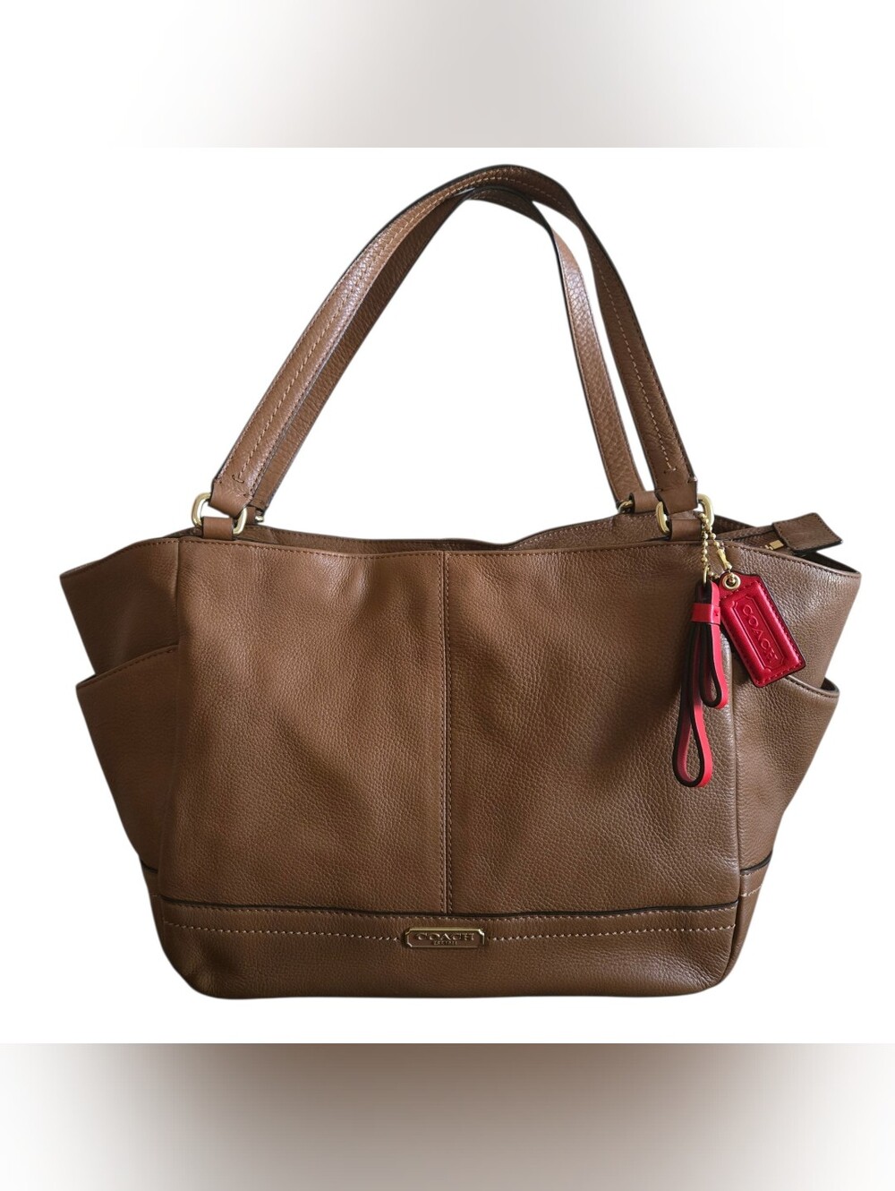 COACH Park Carrie Tote Bag Brown Orange Leather F23284